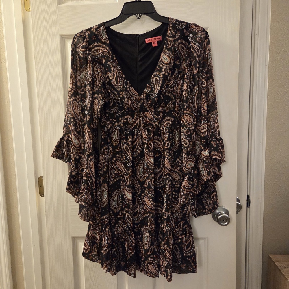 Betsey Johnson sz 8 paisley‎ knee length dress flare ruffle sleeves feminine